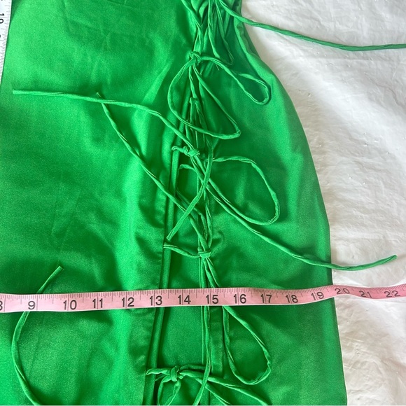 MOTHER OF ALL Nela Tie Slit Maxi Dress Kelly Green Satin Size L NWT - Picture 11 of 12